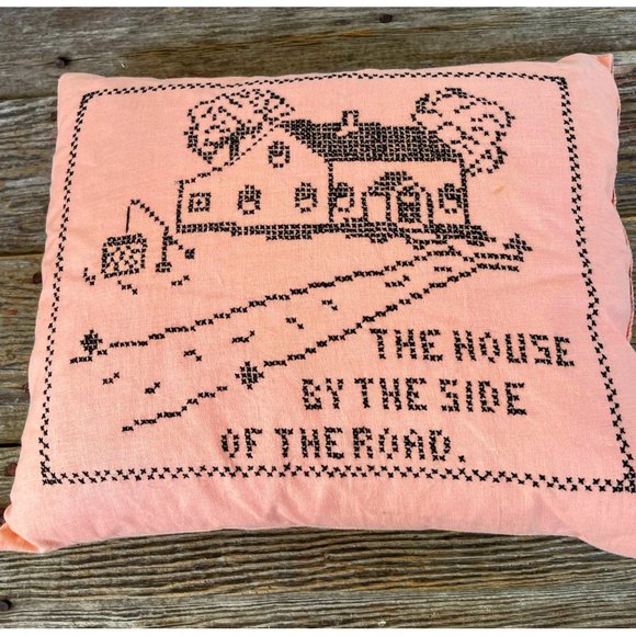 Vintage 1930s Feather Pillow Cross Stitched "the House by the Side Of the Road" - Picture 2 of 14